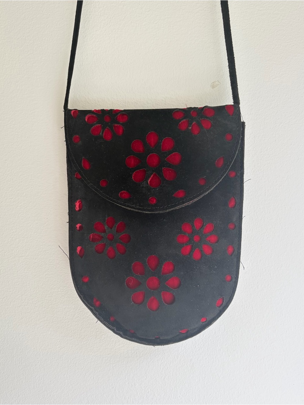 Lulu Guinness Black Suede Crossbody with Red Floral Cutouts
